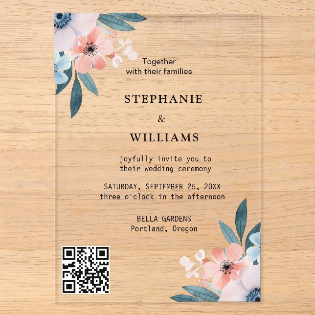 Invitations En Acrylique Code Qr élégant | Dusty Blue Floral Mariage (Recto)