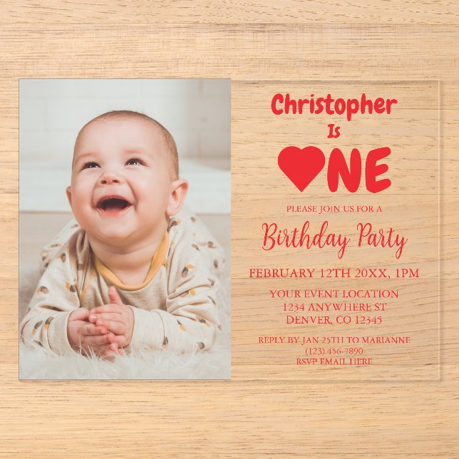 Invitations En Acrylique Coeur 1er anniversaire (Recto)