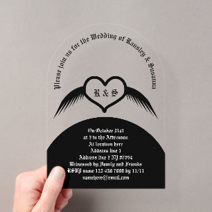 Invitations En Acrylique Coeur ailé gothique Mariage Personnalisé Monogramm