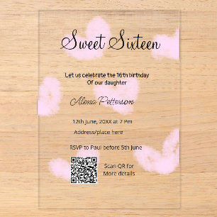Invitations En Acrylique Coeurs d'aquarelle rose QR Sweet sixteen anniversa