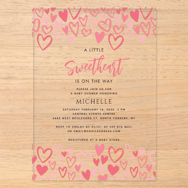Invitations En Acrylique Coeurs roses Baby shower amoureux fille (Recto)