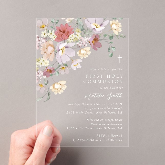Invitations En Acrylique Colorful Flowers, Wildflowers, First Communion (In situ (ordinateur de poche))