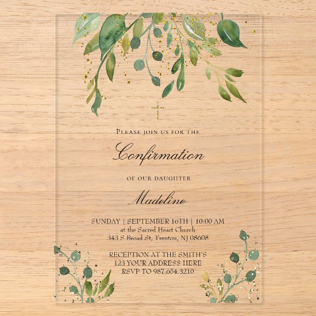 Invitations En Acrylique conception de verdure | Confirmation (Recto)