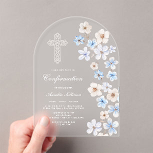 Invitations En Acrylique Confirmation avec arche de fleurs d'anémones bleue