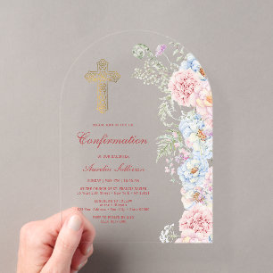 Invitations En Acrylique Confirmation avec arche de pivoines pastel