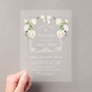 Invitations En Acrylique Confirmation cadre de roses en ivoire blanc