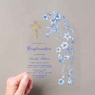 Invitations En Acrylique Confirmation d'arche de fleurs sauvages bleu franç