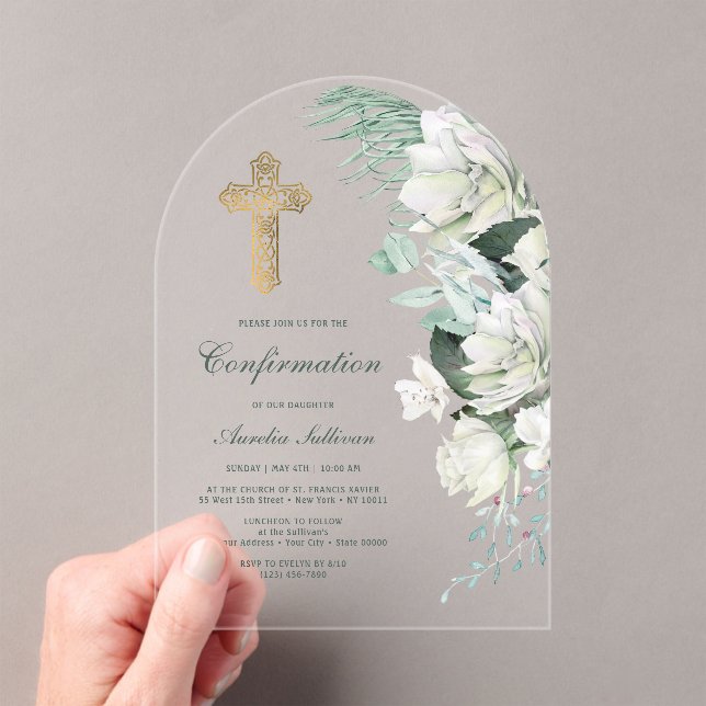Invitations En Acrylique Confirmation de l'arc vert des fleurs blanches (In situ (ordinateur de poche))