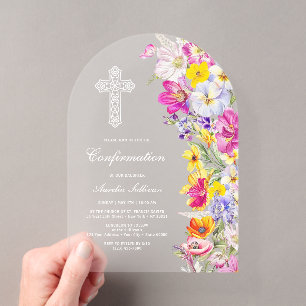Invitations En Acrylique Confirmation élégante sous une arche de fleurs sau