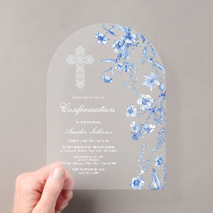 Invitations En Acrylique Confirmation Fleurs Sauvages Bleu Français Arch