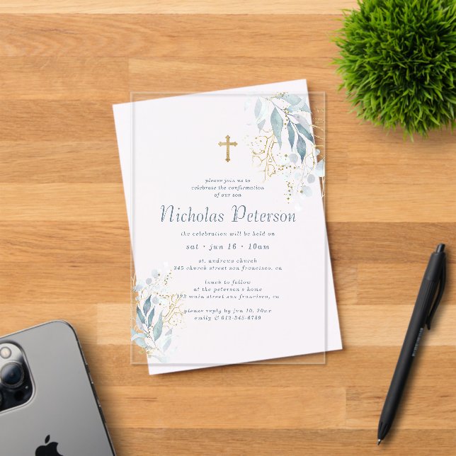 Invitations En Acrylique Confirmation Pour Lui Moderne Foliage Croix Or (Insitu (Carte d'invitation))