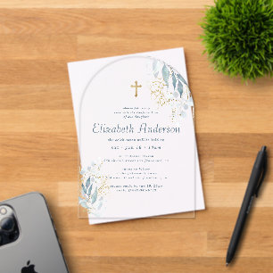Invitations En Acrylique Confirmation Pour Sa Croix D'Or Moderne Foliage