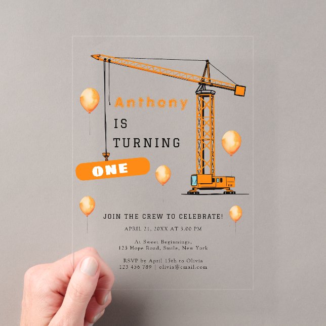 Invitations En Acrylique Construction Grue Enfants et adultes Anniversaire (In situ (ordinateur de poche))