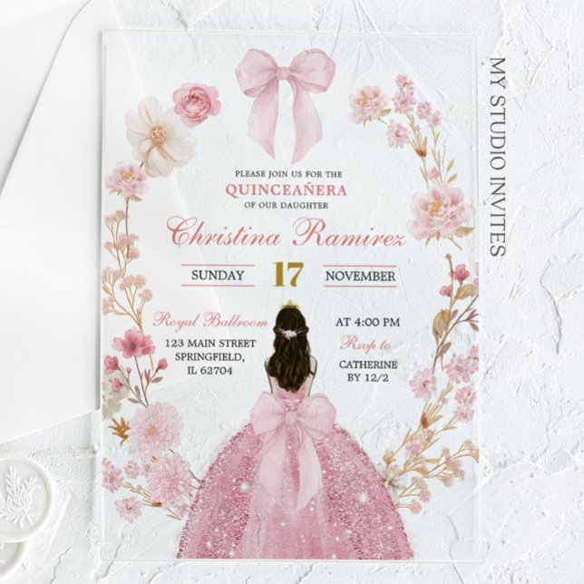 Invitations En Acrylique Coquette Bow rose Quinceanera fleurie princesse (Créateur téléchargé)