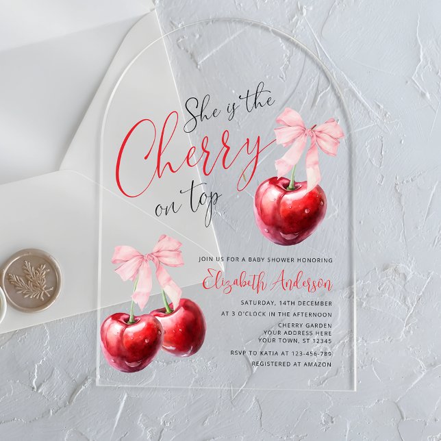 Invitations En Acrylique Coquette cerise sur le Baby shower supérieur (Créateur téléchargé)