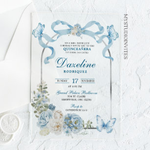 Invitations En Acrylique Coquette Papillon Quinceañera Ruban Bleu Poussiére