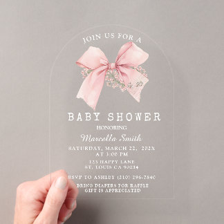 Invitations En Acrylique Coquette Pink Bow Baby shower Girl