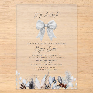 Invitations En Acrylique Coquette White Bow Baby shower botanique d'hiver