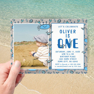 Invitations En Acrylique Coquillage Garçon Photo Anniversaire 1 an Crabe Bl