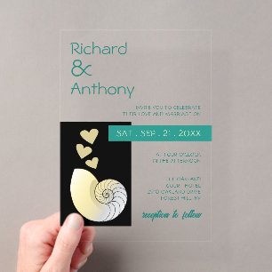 Invitations En Acrylique Coquillages et Cœurs, Mariage sur la Plage