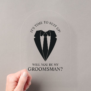 Invitations En Acrylique Costume Mariage noir et Cravate Groomsman Proposit