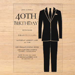 Invitations En Acrylique Costume noir & cravate Hommes 40e anniversaire