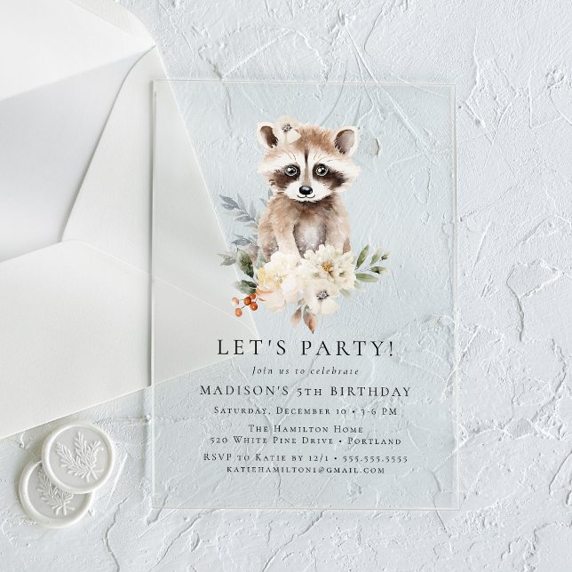 Invitations En Acrylique Couleur d'eau douce Raccoon hiver fête d'anniversa (Créateur téléchargé)