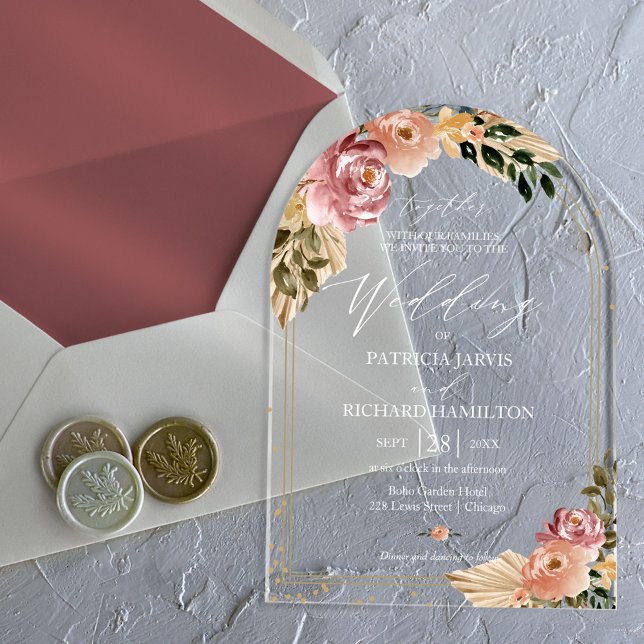 Invitations En Acrylique Couleurs neutres chic Boho Floral Mariage (Créateur téléchargé)