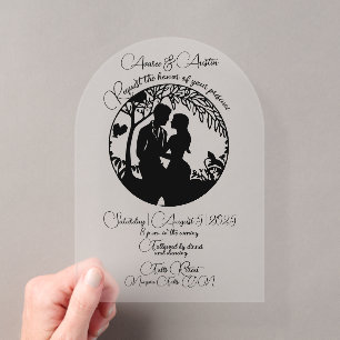 Invitations En Acrylique Couple de mariés élégant silhouette encadrée noir