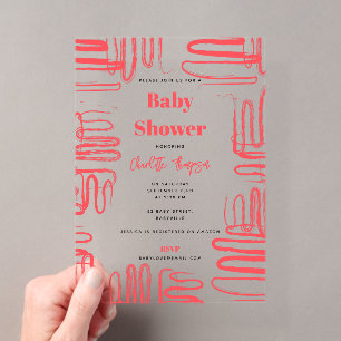 Invitations En Acrylique Courbe Rouge Gribouillis Abstrait Baby Shower