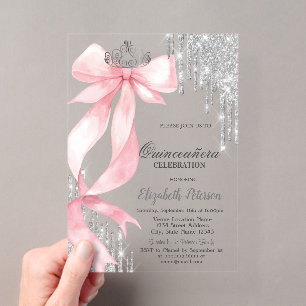 Invitations En Acrylique Couronne à nœud rose scintillant gouttes de rose e