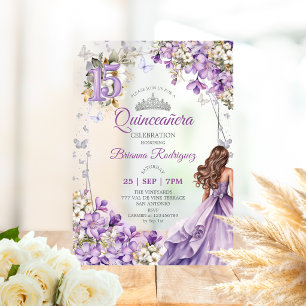 Invitations En Acrylique Couronne de fleurs argentée lavande pour Quinceañe