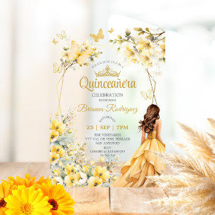 Invitations En Acrylique Couronne de Fleurs Papillon Quinceañera Tiara Doré