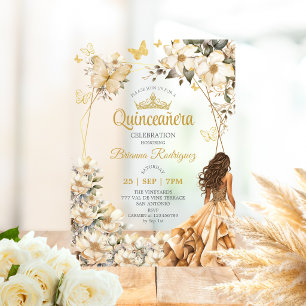 Invitations En Acrylique Couronne de fleurs papillon Tiara doré Beige Quinc