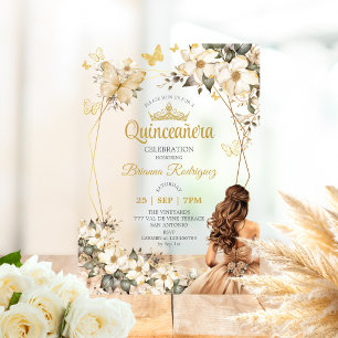 Invitations En Acrylique Couronne de fleurs papillon Tiara doré Beige Quinc