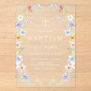 Invitations En Acrylique Couronne de fleurs sauvages pastel Baptême moderne