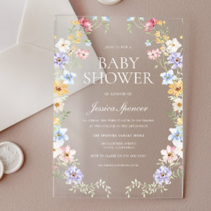 Invitations En Acrylique Couronne de fleurs sauvages pastel pour une baby s