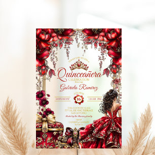 Invitations En Acrylique Couronne de fleurs Tiara Doré Rouge Quinceañera