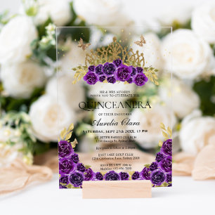 Invitations En Acrylique Couronne de Fleurs Violettes Glamour Élégant Quinc