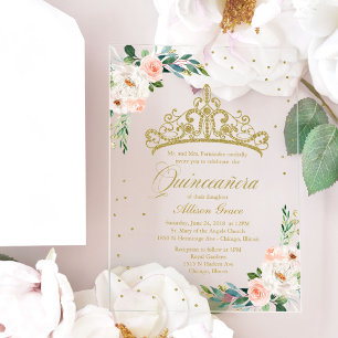 Invitations En Acrylique Couronne de mariage en or Fleurs Blush Quinceañera