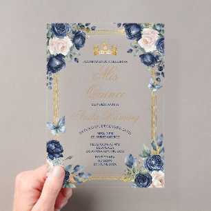 Invitations En Acrylique Couronne de mes quince ans bleue navale mexicaine