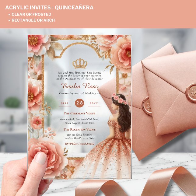Invitations En Acrylique Couronne de Quinceanera en acrylique rose gold ros (Créateur téléchargé)