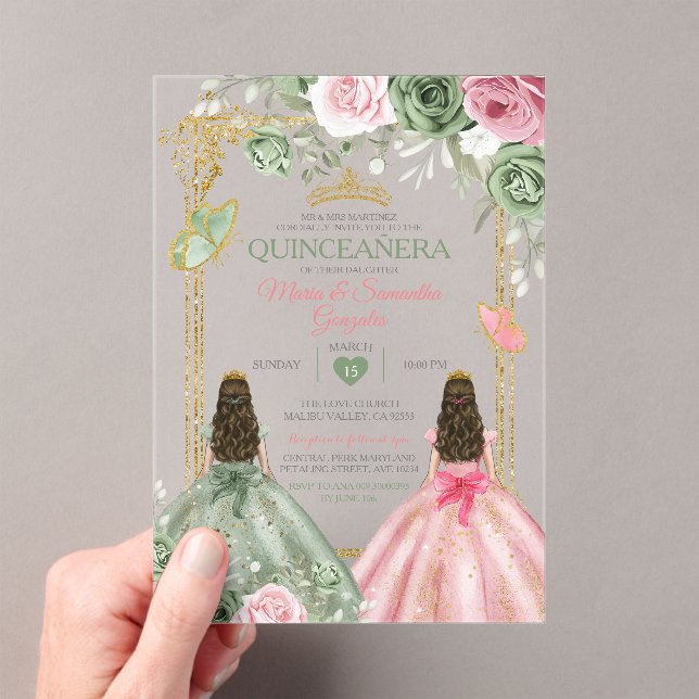 Invitations En Acrylique Couronne de quinceañera verte sauge et rose Gold T (In situ (ordinateur de poche))