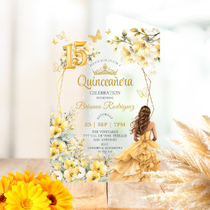 Invitations En Acrylique Couronne de Tiara Florale Papillon Jaune Doré Quin