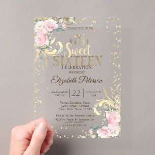 Invitations En Acrylique Couronne en or douce diamants fleurs 16 fête
