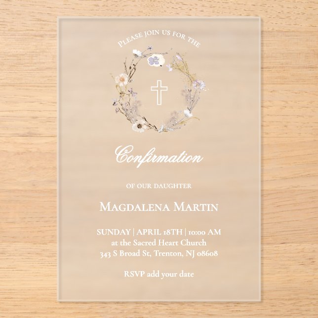 Invitations En Acrylique couronne fleur sauvage | Confirmation (Recto)