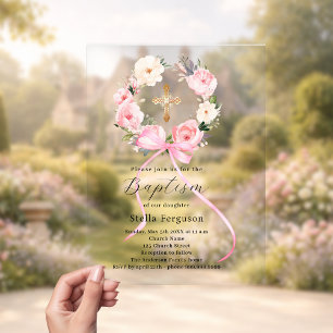 Invitations En Acrylique Couronne florale rose ruban croix fille baptême cl