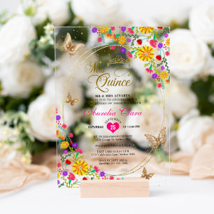 Invitations En Acrylique Couronne papillon noir floral Or Mis Quinceañera