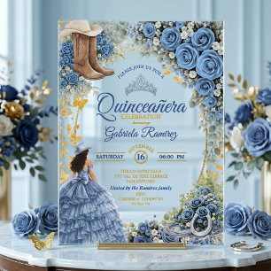 Invitations En Acrylique Cowgirl occidentale Roses bleues Golden Quinceañer