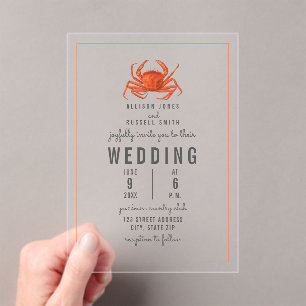 Invitations En Acrylique Crabe rustique Plage côtière Mariage